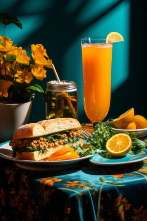a table with a sandwich a glass of orange juice and a vase of flowersの素材