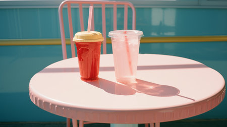 a pink table with two drinks sitting on itの素材