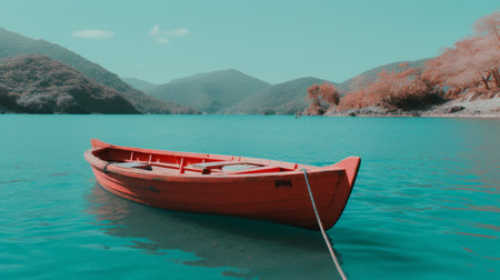 a red boat floating in a body of waterの素材