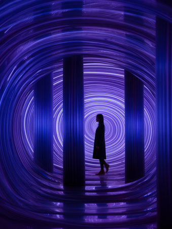 a person standing in the middle of a purple tunnelの素材
