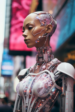 a robot is standing in the middle of a city streetの素材