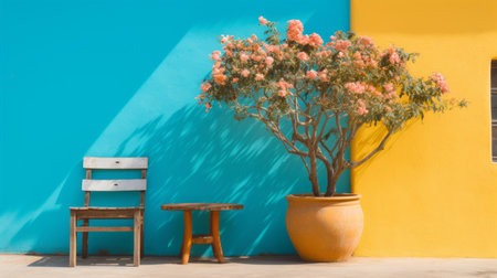 a potted tree and chair in front of a bright yellow and blue wallの素材