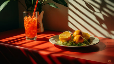 a table with a glass of orange juice and a plate of foodの素材