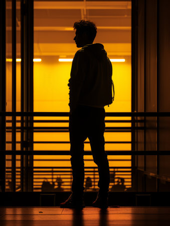 a silhouette of a man standing in front of a buildingの素材
