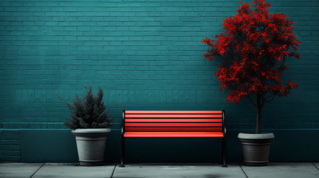 a red bench next to a tree in front of a blue wallの素材