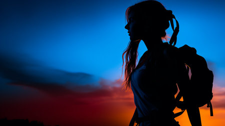 a silhouette of a woman with a backpack at sunsetの素材