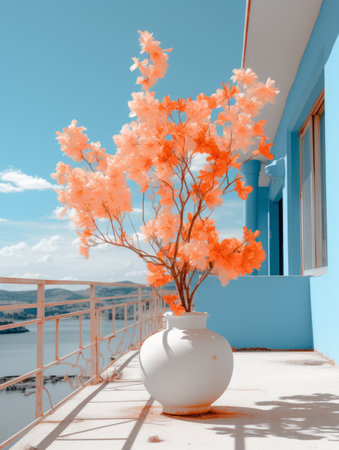 a white vase with an orange tree in itの素材
