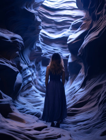 a woman in a blue dress standing in a caveの素材
