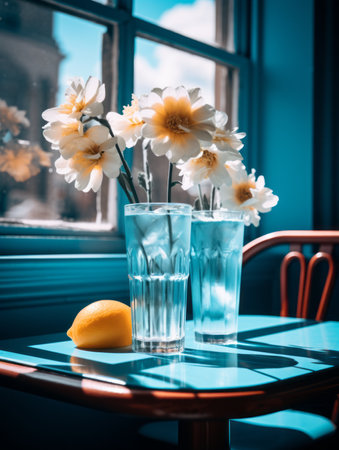 a table with two vases of flowers and a lemonの素材
