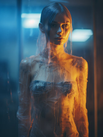 a woman covered in plastic is standing in front of a windowの素材