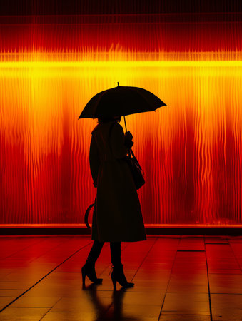 a woman holding an umbrella in front of a red wallの素材