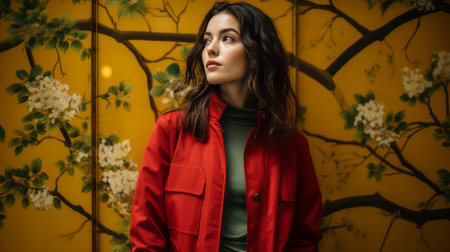 a woman in a red jacket standing in front of a yellow wallの素材