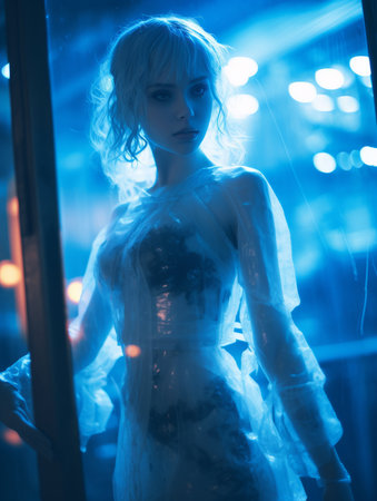 a woman in a plastic dress standing in front of a windowの素材