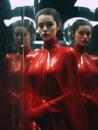 a woman in a red latex dress standing in front of a mirrorの素材