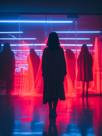 a woman in a red coat standing in front of a glass wallの素材