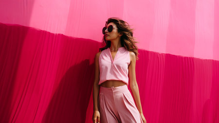 a woman in a pink top and pants standing in front of a pink wallの素材