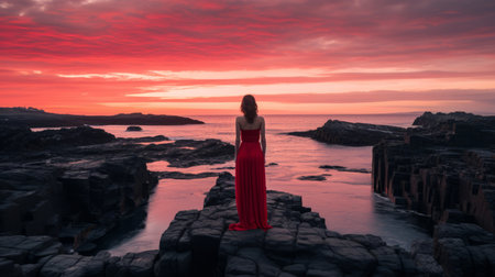 a woman in a red dress stands on the edge of a cliff at sunsetの素材