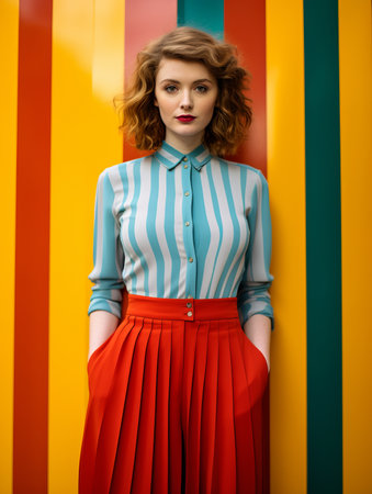 a woman in a striped shirt and red skirt standing against a striped wallの素材