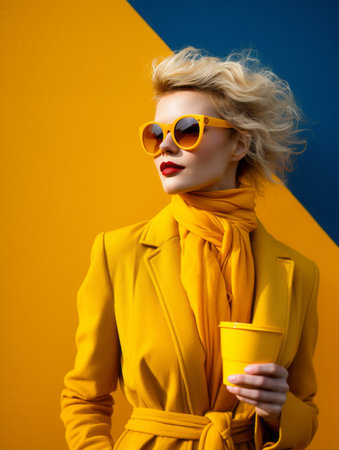 a woman in a yellow coat and sunglasses holding a cup of coffeeの素材