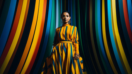 a woman in a striped dress standing in front of a striped backgroundの素材