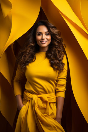 a woman in a yellow dress standing in front of yellow paperの素材