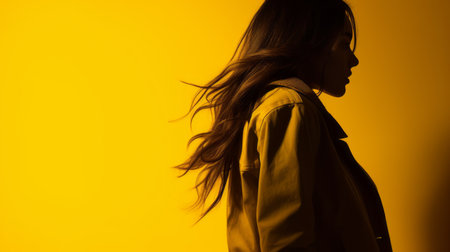 a woman in a yellow jacket standing against a yellow wallの素材