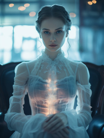 a woman in a white dress sitting in a chairの素材
