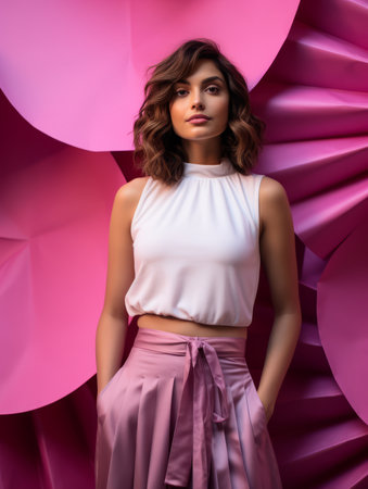 a woman in a white top and pink skirt standing in front of pink paper flowersの素材