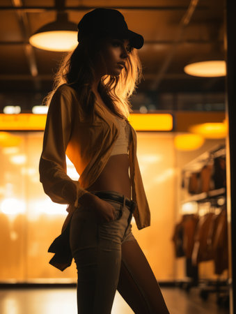 a woman in a yellow shirt and jeans standing in an airportの素材