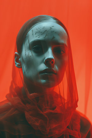 a woman in a red veil with her eyes closedの素材