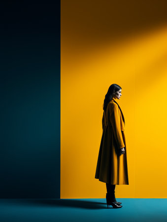 a woman in a yellow coat standing in front of a blue and yellow wallの素材