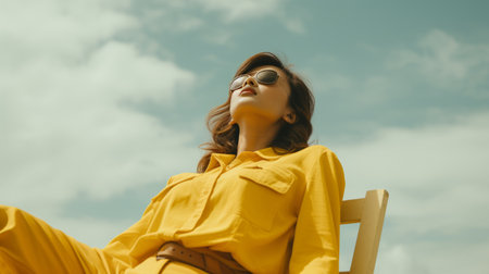 a woman in a yellow suit sitting on a wooden chairの素材