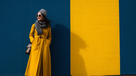 a woman in a yellow coat standing against a blue wallの素材