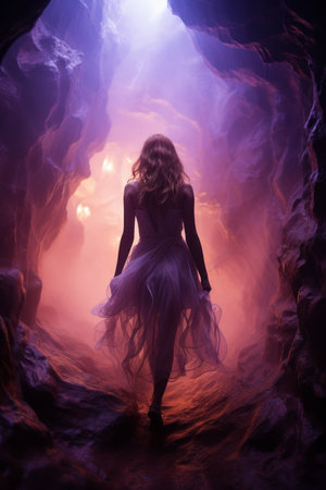 a woman in a white dress standing in front of a caveの素材