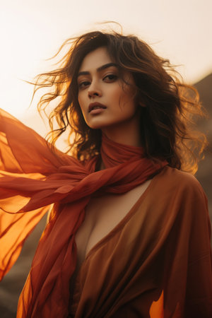 a woman in an orange dress and scarf standing in the desertの素材