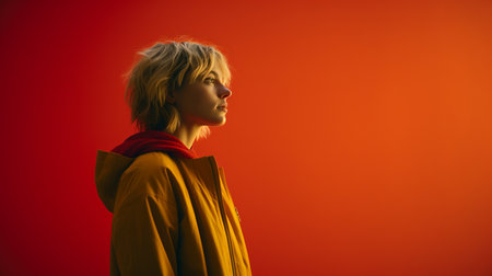 a woman in an orange coat standing against an orange wallの素材