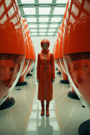 a woman in an orange coat stands in front of a room full of orange spheresの素材