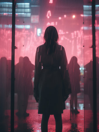 a woman standing in front of a glass door in the rainの素材