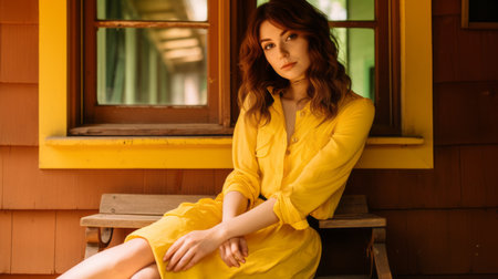 a woman in a yellow dress sitting on a wooden benchの素材