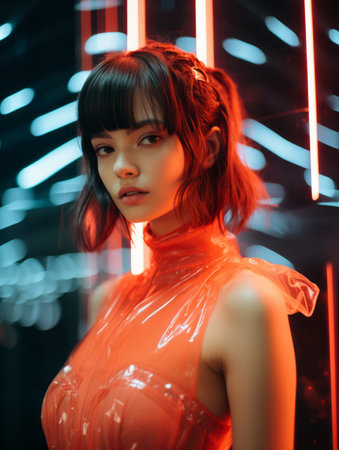 a woman in an orange dress standing in front of neon lightsの素材