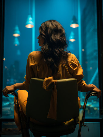 a woman sitting in a chair in front of a window with city lights in the backgroundの素材