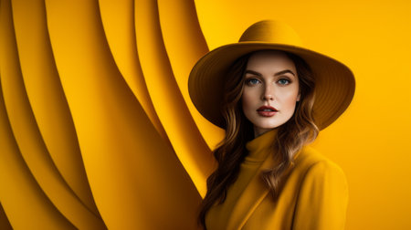 a woman in a yellow hat and coat against a yellow backgroundの素材