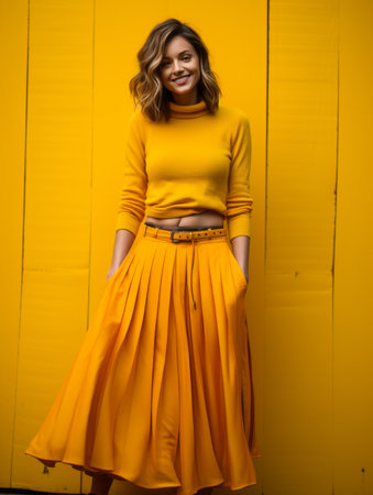 a woman in a yellow sweater and skirt posing against a yellow wallの素材