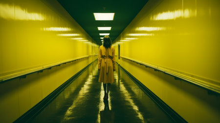 a woman in a yellow dress is walking down an empty hallwayの素材