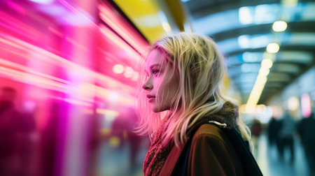 a woman is standing in front of a subway trainの素材