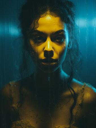 a woman in a yellow dress standing in front of a blue lightの素材