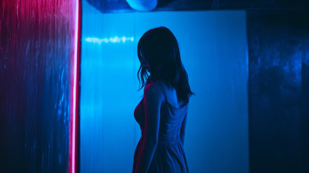 a woman standing in a dark room with neon lightsの素材