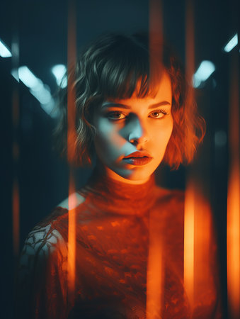 a woman in an orange dress standing in a dark roomの素材