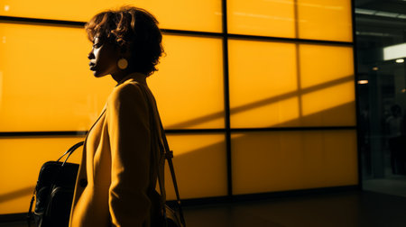 a woman in a yellow jacket walking through an airportの素材