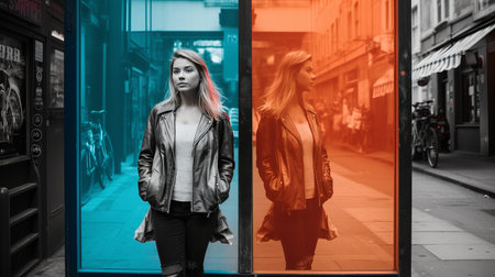 a woman is standing in front of an orange and blue glass doorの素材